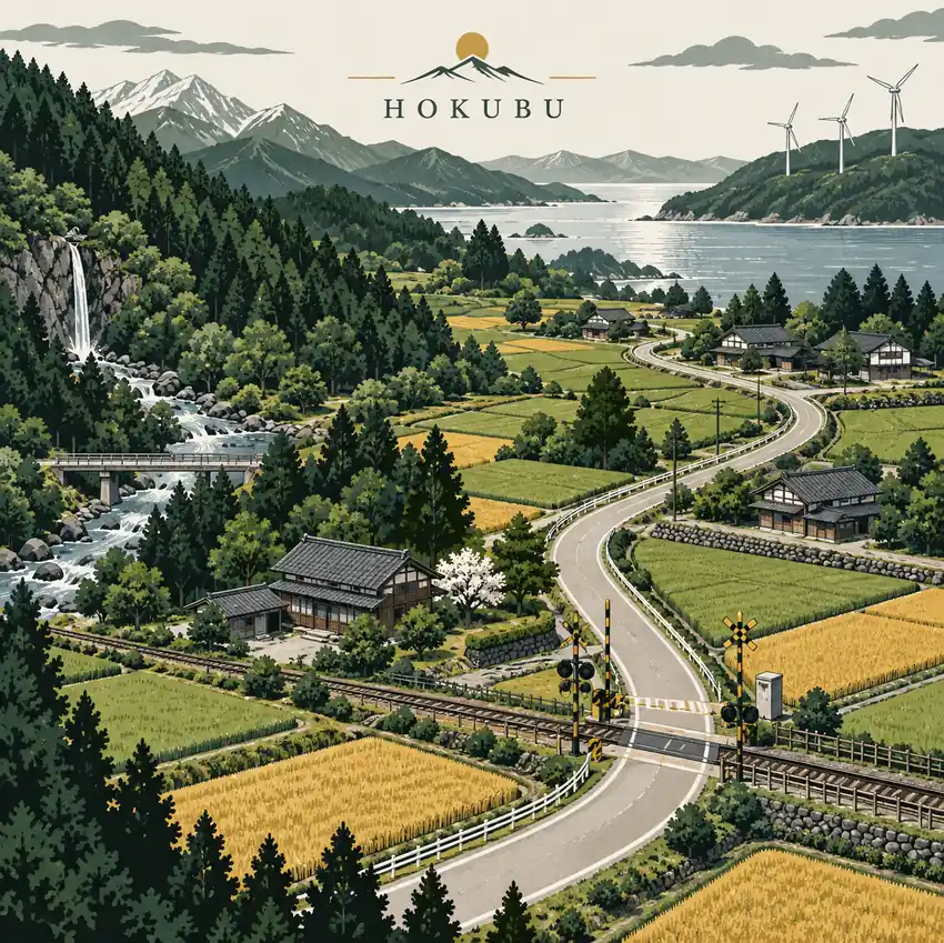 Concept illustration titled HOKUBU showing a northern Japanese rural road, fields, wooded hills, and distant turbines; not FH6 gameplay