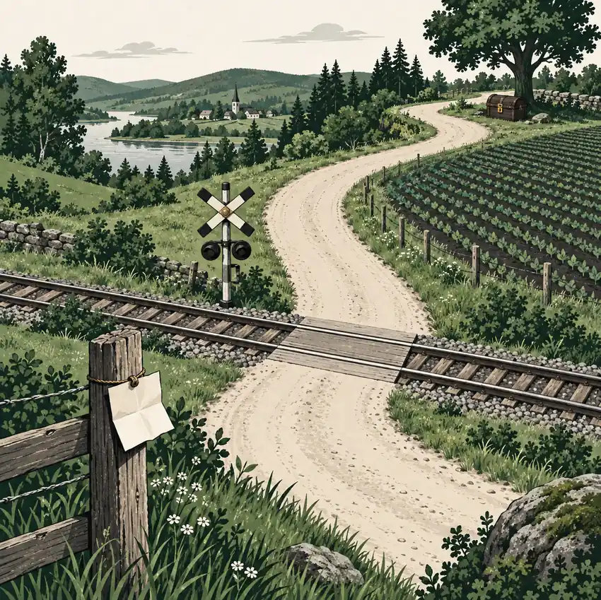 Abstract route-verification sketch with a connected rural road, crossing, field edge, and hills; not an in-game map