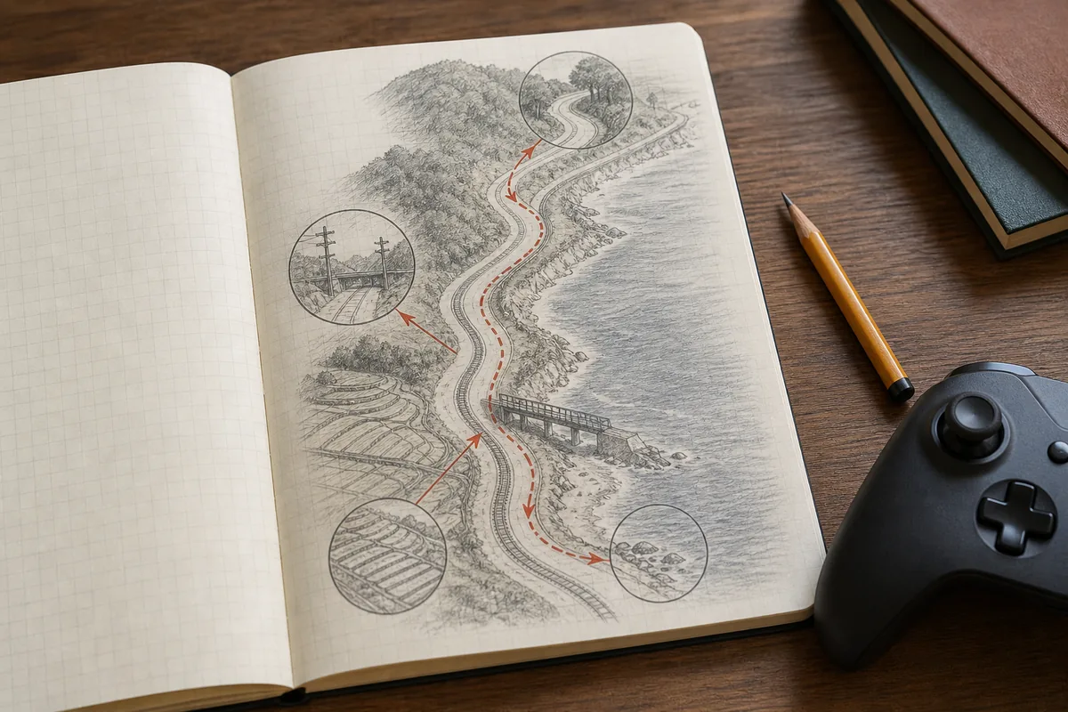 Editorial notebook illustration showing a text-free Ito route sketch with coast, rail, bridge, fields, and comparison markers