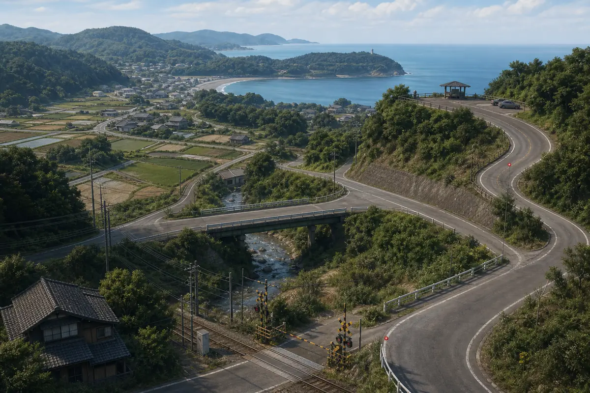 Editorial illustration of an Ito coastal road, railway crossing, bridge, fields, and hillside lookout used to compare clue landmarks