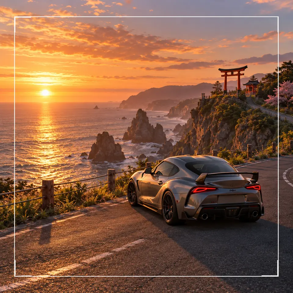 Illustration d'une voiture cadrée avec un repère côtier pour un défi photo FH6