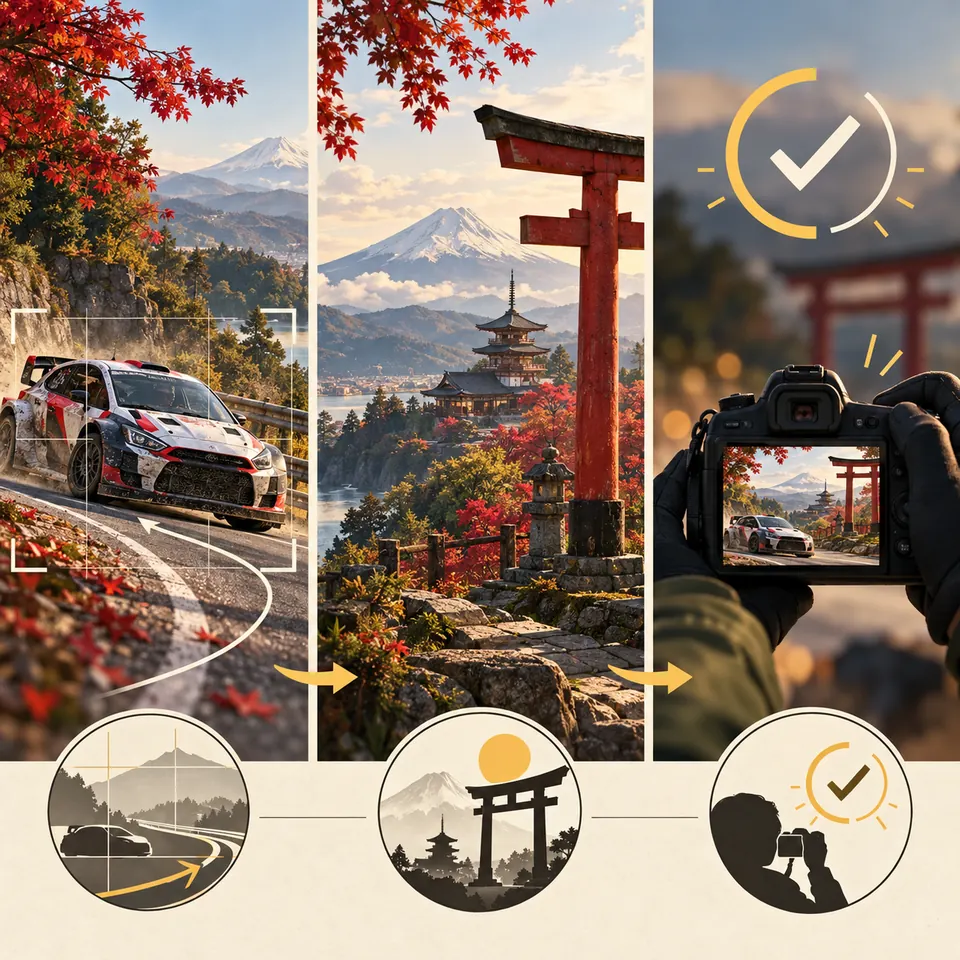Schéma montrant voiture, repère, cadre photo et validation du défi