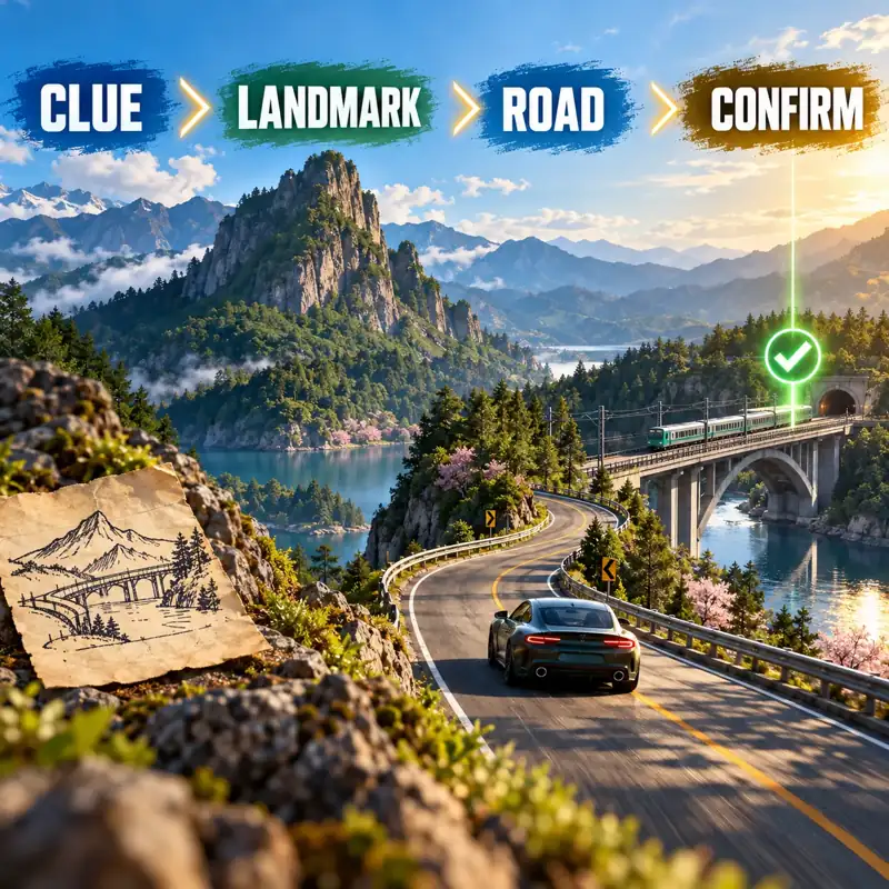 Editorial illustration of a car beside a mountain road with the evidence labels clue, landmark, road, and confirm; not gameplay.