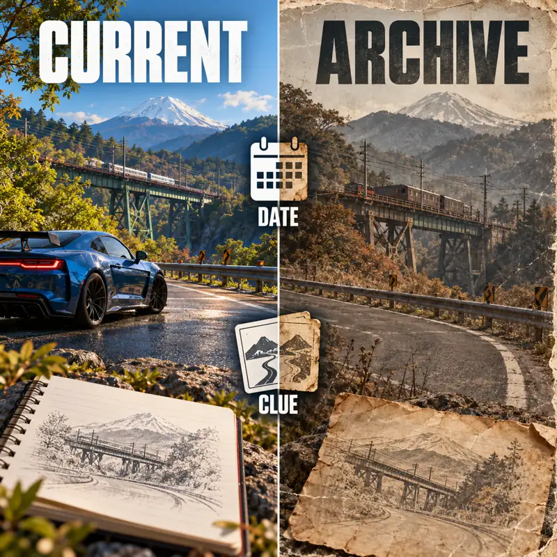 Editorial comparison of current and archived route evidence labeled current, archive, date, and clue; not an in-game interface.