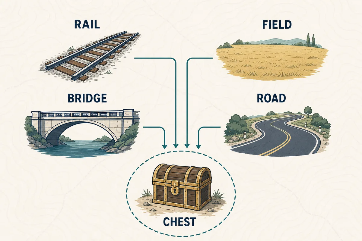 Schéma reliant rail, pont, champ et route à la recherche d'un coffre